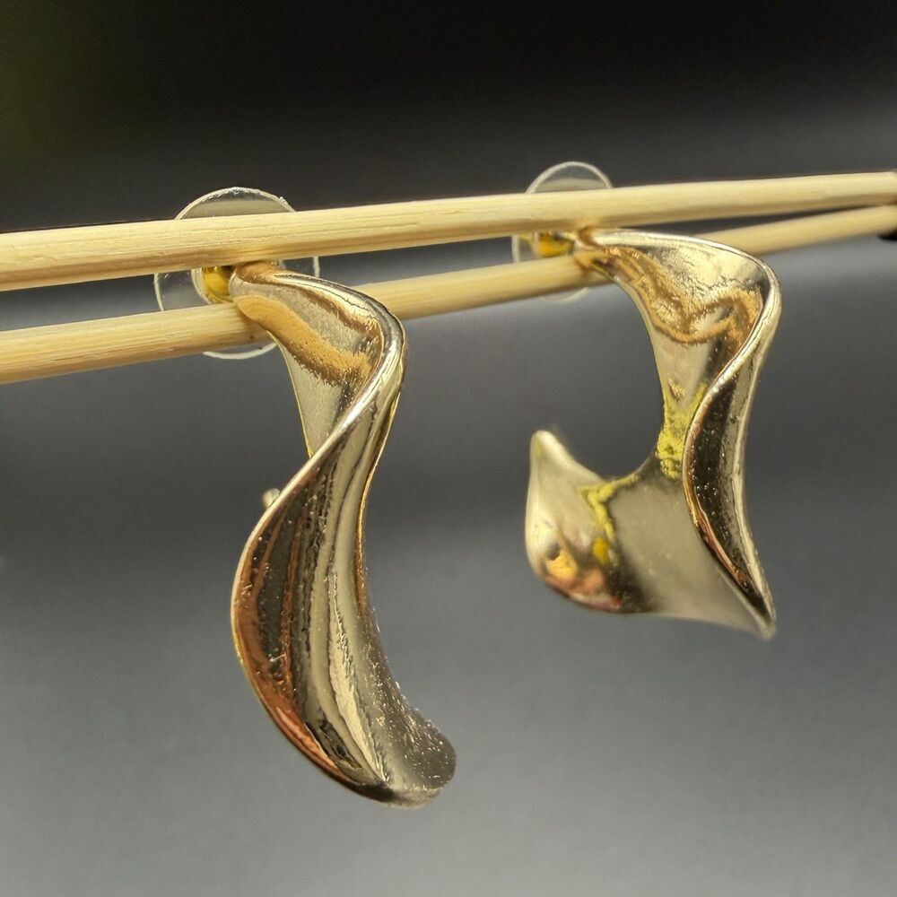 VTG Gold Plated Abstract Twist Hoop Earrings Modernist Sculptural Freeform New